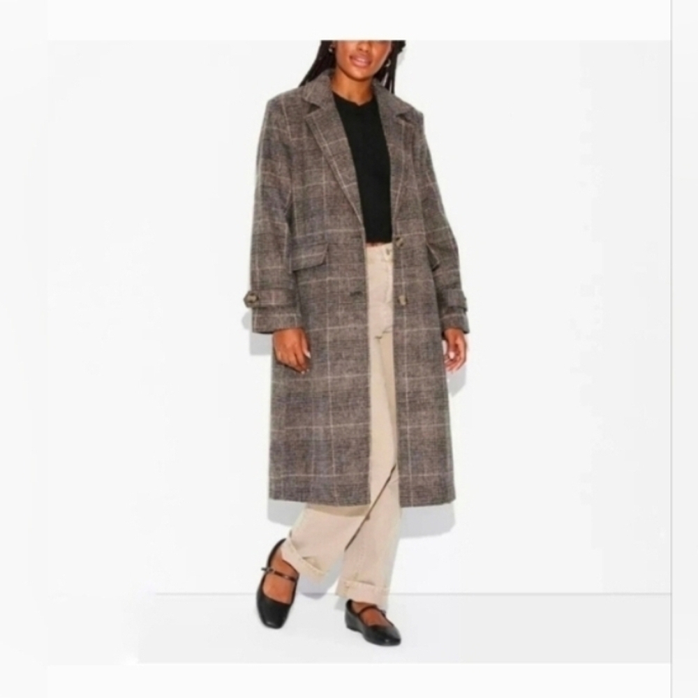 Wild Fable Women's Checker Plaid Wool Coat Brown Khaki Plaid Oversized